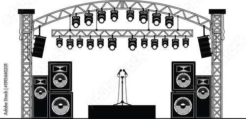 Concert stage silhouette, live music setup, speakers lights truss system, microphone stand platform, performance equipment illustration, black stage scene