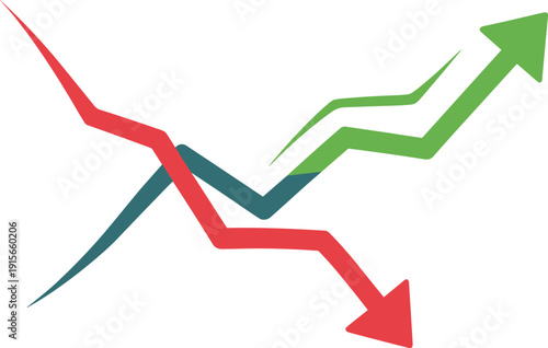Financial trends infographic with upward, downward, and fluctuating arrows, volatility concept, flat vector illustration for business and economic design