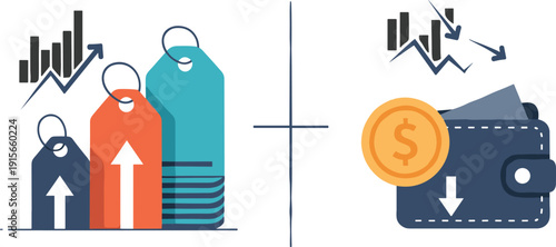 Inflation infographic with rising prices and decreasing wallet value, economic trend concept, flat vector illustration for finance and personal budgeting design