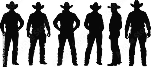 Cowboy silhouettes set, western men collection, gunslinger poses, sheriff outlaw figures, wild west characters isolated, black silhouette illustration pack