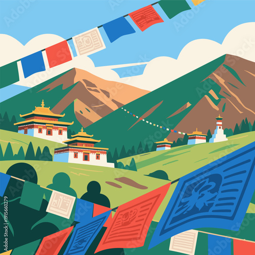 Himalayan Buddhist Monasteries with Prayer Flags