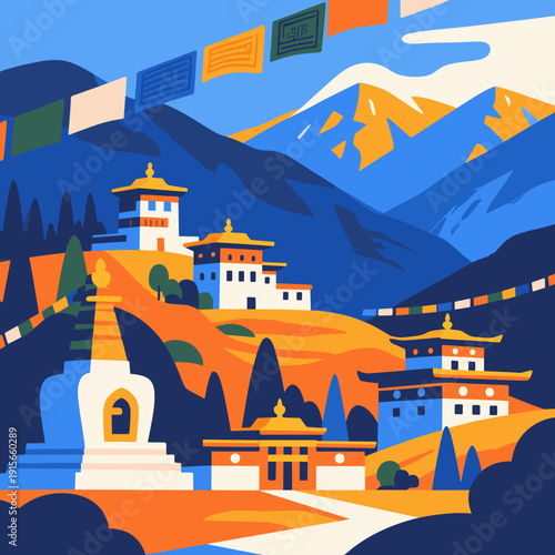 Himalayan Buddhist Monasteries with Prayer Flags