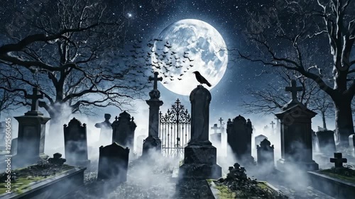 Spooky graveyard at night with full moon and bats flying overhead