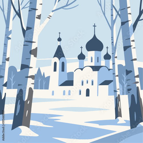 Snowy Russian Church and Birch Trees Landscape