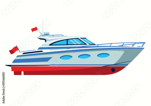 Elegant blue and white luxury motor yacht sailing on calm waters with red flags isolated on transparent background, Vector