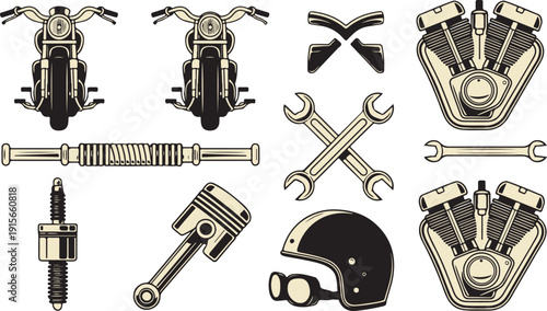 An assembly of classic motorcycle components featuring engines, spark plugs, handlebars, wrenches, and a helmet