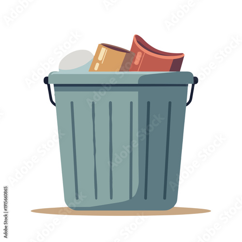 plastic trash can overflowing with colorful waste and garbage, flat style illustration, for environmental blogs, recycling websites and educational presentations