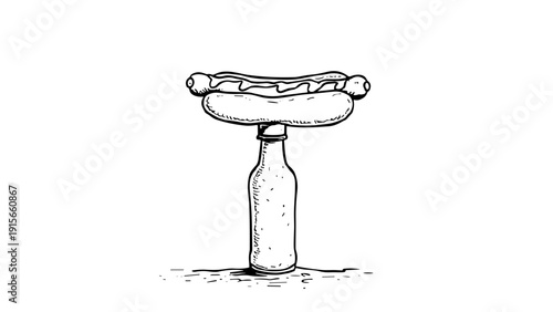 hand drawn hot dog balancing on top of glass beer bottle, black and white sketch, for food blogs, restaurant menus and creative editorial design