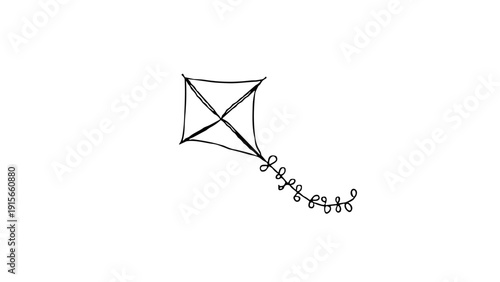 hand drawn flying kite with long decorative tail, black and white pencil sketch, with copy space, for children books, greeting cards and creative editorial design