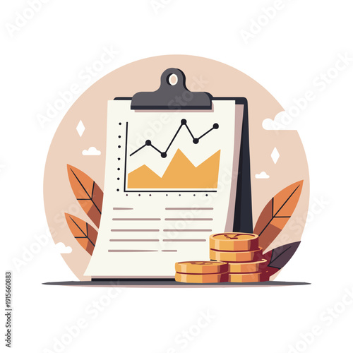 business clipboard with financial growth chart and gold coins on circle background, with copy space, for corporate presentations, blogs and marketing materials
