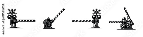 Railway crossing flat vector icons set: barrier and gate elements collection