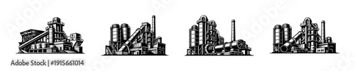 Industrial buildings flat vector icons set. factory and plant illustrations. monochrome graphics