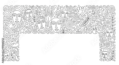 Abstract doodle border with faces and organic shapes
