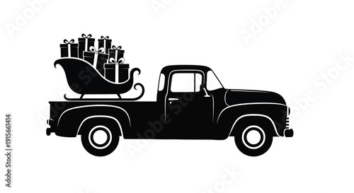 Vintage truck carrying a sleigh filled with christmas presents