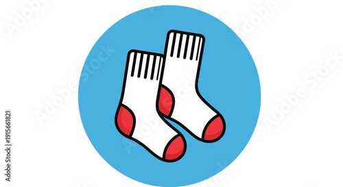 Pair of white socks with red toes and heels on blue background illustration