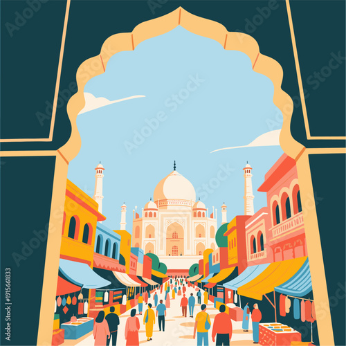 Vibrant Indian Market Street with Taj Mahal in the Background