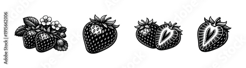 Flat vector icons set: strawberry designs and illustrations in black and white