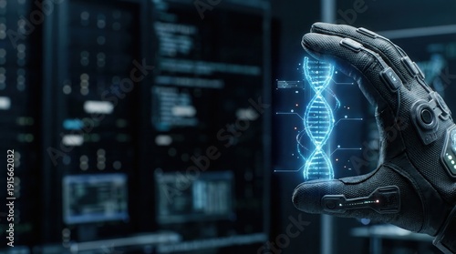 Futuristic science concept showing a latex-gloved hand interacting with a virtual DNA strand against a dark copy space background.