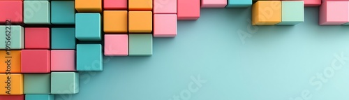 Vibrant, stacked 3D blocks in a playful arrangement on a teal background, suggesting organization and creativity. Geometric, Blocks, Colorful, Abstract, Background
