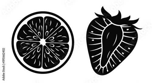 Black and white illustration of a halved citrus fruit and strawberry
