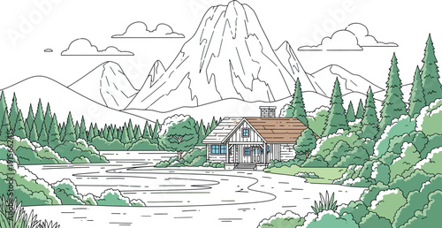 Charming wooden cabin nestled peacefully in a lush green valley surrounded by dense forest and towering snow-capped mountains under a lightly clouded sky