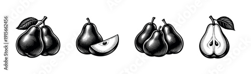 Flat vector icons set: pear designs in black and white, monochrome fruit illustrations collection
