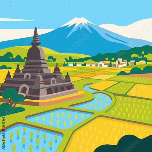 Southeast Asian Temple Landscape with Volcano and Rice Fields