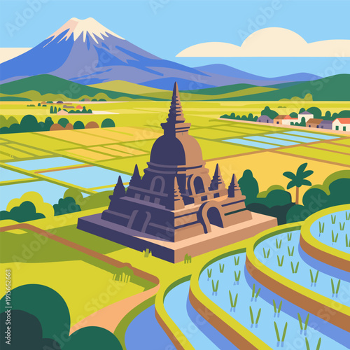 Southeast Asian Temple Landscape with Volcano and Rice Fields
