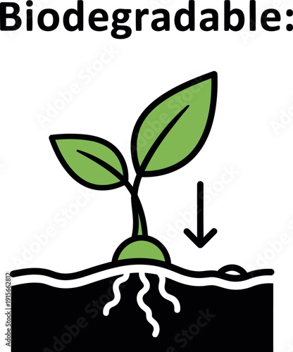 Simple icon illustrating the concept of biodegradability showing a small plant seedling decomposing naturally into the dark soil below with a downward arrow indicating the process.