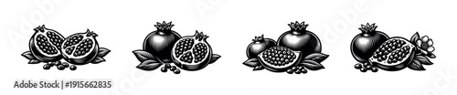 Pomegranate flat vector icons set: fruit, seeds, and leaf illustrations in black and white