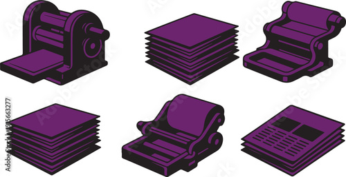Six isometric vector icons representing printing processes and paper stacks in purple and black colors