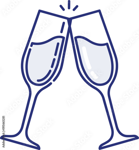 Two wine glasses clinking in a celebratory toast isolated on transparent background, Vector