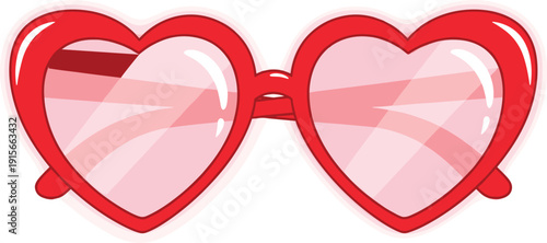 Playful heart-shaped sunglasses with a vibrant pink tint and red frame isolated on transparent background, Vector