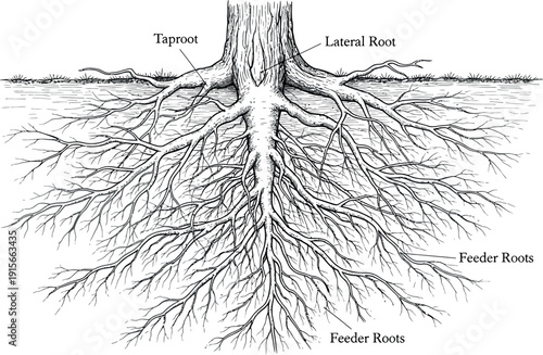 Detailed black and white illustration diagram showing the intricate anatomy of a typical tree root system including the taproot lateral roots and fine feeder roots below ground.