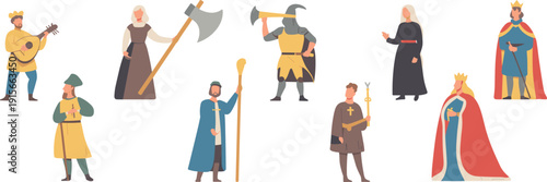 Medieval character set with king, queen, knight, bard, and villagers in historical costumes, cad drawing flat vector illustration, middle ages people collection.