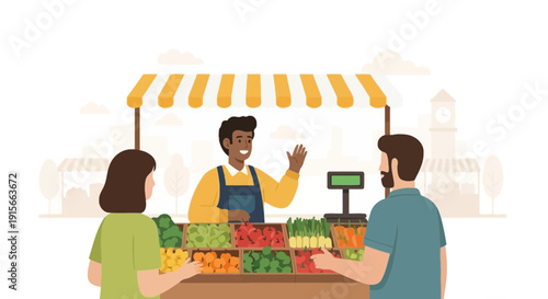 Farmers Market Scene With Diverse Customers Buying Fresh Produce From Vendor