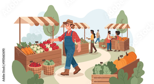 Farmers Market Scene With People Buying Fresh Produce
