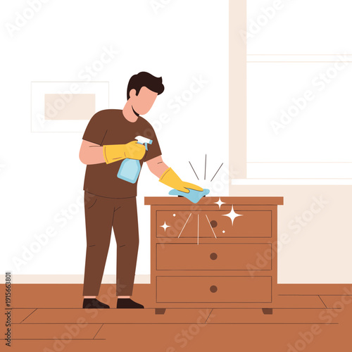 A Person Cleaning a Wooden Cabinet, Demonstrating Domestic Chores in a Clean Environment