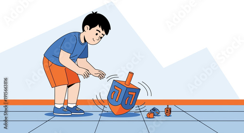 A Boy Plays With Dreidel On A Blue Tiled Floor During Festival of Lights Celebration