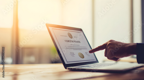 Digital certificate inspection. Online Education and Professional Certification Concept: Laptop Displaying Digital Certificate on Desk with Person Pointing at Screen.