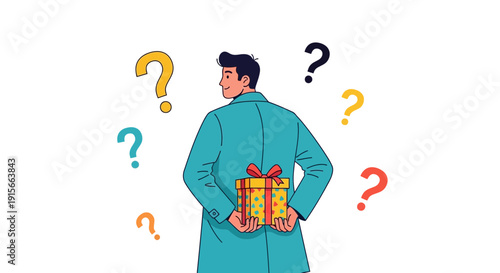 A Person Concealing Gift Present Surrounded By Question Marks In Delightful Illustration