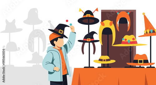 A Boy Selecting a Hat at a Display, Focusing on Design and Personal Expression