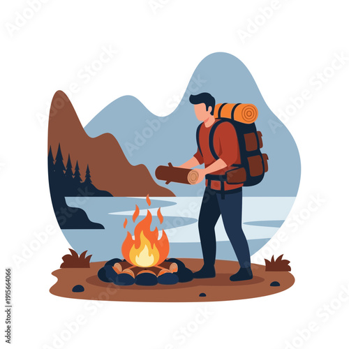 Adventurer Prepares Campfire Beside A Tranquil Lake After A Day of Hiking in Wilderness
