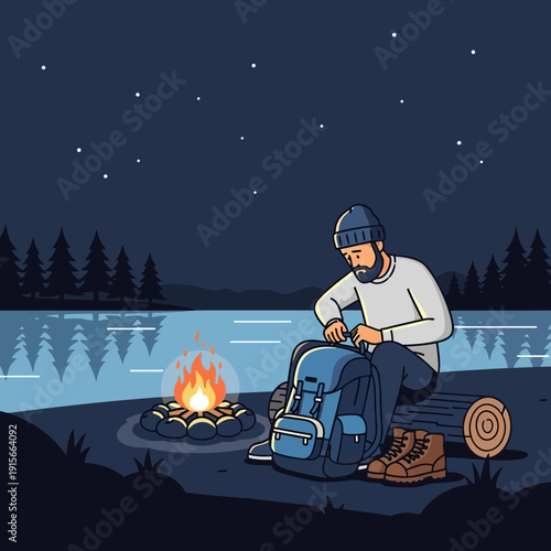 Adventurer Prepares Gear Beside Campfire Under Starlit Night Sky Reflecting Tranquility and Peace