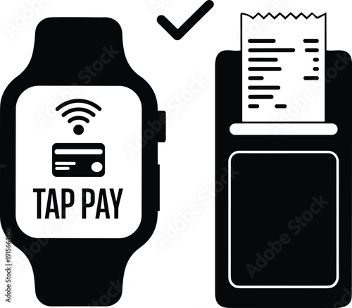 Smartwatch tap to pay icon with receipt and payment terminal for contactless mobile transaction cashless