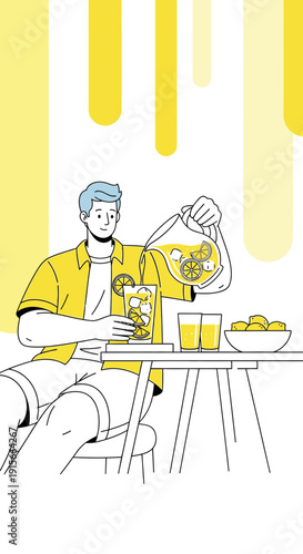 A Person Effortlessly Pouring Lemonade into a Glass at a Brightly Lit Outdoor Tabletop