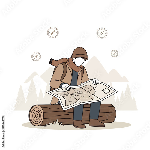 Adventurer Studying Map While Sitting On Log Outdoor Expedition Planning