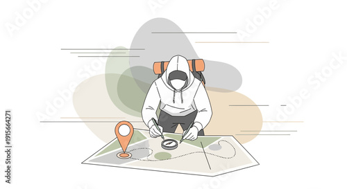 Adventurer Studying Map And Compass Planning Expedition With Location Pin