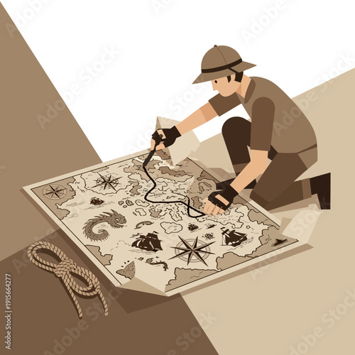 Adventurer Tracing Route On Ancient Treasure Map With Compass And Rope