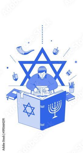 A Person Engaged In The Act Of Study With Symbolism Of Jewish Culture And Traditions